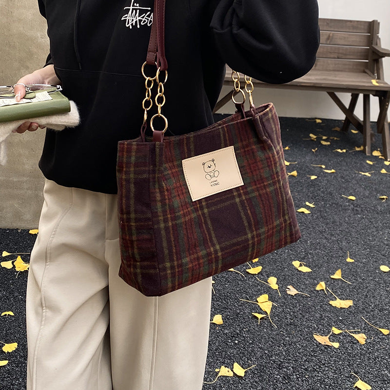 Wool Plaid Women's Single-Shoulder Commuter Bag With Large Capacity