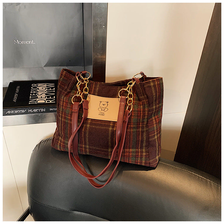 Wool Plaid Women's Single-Shoulder Commuter Bag With Large Capacity