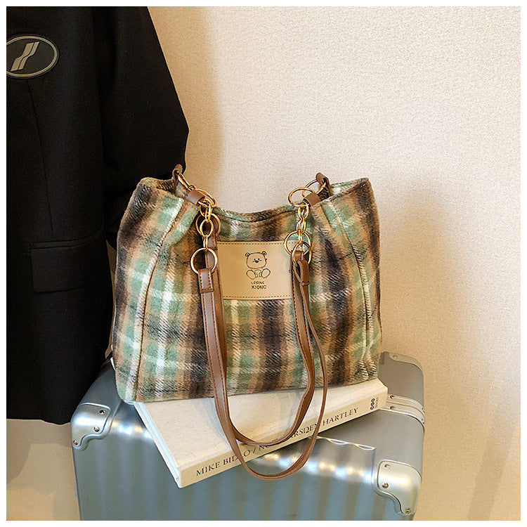 Wool Plaid Women's Single-Shoulder Commuter Bag With Large Capacity