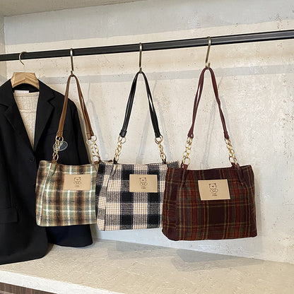 Wool Plaid Women's Single-Shoulder Commuter Bag With Large Capacity