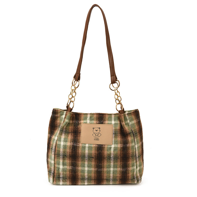 Wool Plaid Women's Single-Shoulder Commuter Bag With Large Capacity